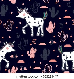 Vector pattern with cute unicorns, stars, cacti and clouds. Magic background with little unicorns and cacti.
