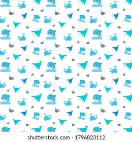 Vector pattern with cute whales, dolphins, fishes. Cute animals background. White background. Fashion pattern for print, wrapping paper