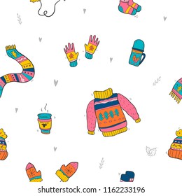 Vector pattern of cute winter clothes. Sweater, socks, hat, mitten, scarf.