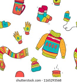 Vector pattern of cute winter clothes. Sweater, socks, hat, mitten, scarf.