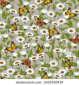 Vector pattern with daisies.Vector seamless pattern with daisies and butterflies on a colored background.