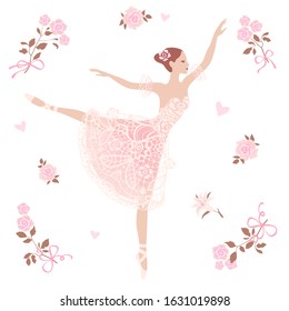 
Vector pattern with dancing ballerina and bouquets of flowers isolated on a white background.