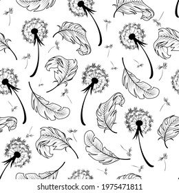 Vector pattern with dandelions and feathers.Dandelions and feathers in black on a white background in a seamless pattern.