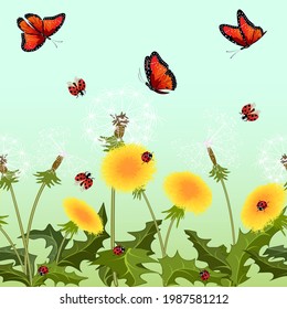 Vector pattern with dandelions and insects.Dandelions, butterflies and ladybugs on a colored background in a seamless pattern.