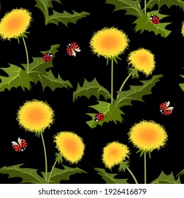 Vector pattern with dandelions and ladybirds.Yellow dandelions and ladybugs on a black background in a seamless pattern.