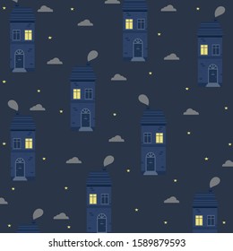 
Vector pattern with dark blue white houses at night. Cartoon houses on a background of the night sky with stars.