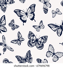 Vector pattern with dark silhouettes of butterflies on a light background in a flat style.