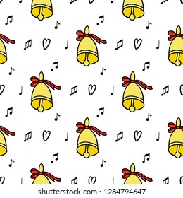 Vector pattern for decoration design with hand bell and music notes on white background