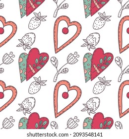 vector pattern and decoration for textiles, covers and packaging.
Hearts for Valentine's Day and strawberries.