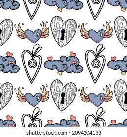 vector pattern and decoration for textiles, covers and packaging.
Enamored hearts and clouds.