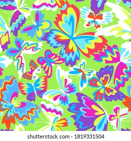Vector pattern with decorative butterflies. Abstract seamless background. Colorful flat design for fabric and textile. Fashion style.