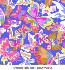 Vector pattern with decorative butterflies. Abstract seamless background. Colorful flat design for fabric and textile. Fashion style.