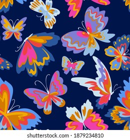 Vector pattern with decorative butterflies. Abstract seamless background. Colorful flat design for fabric and textile. Fashion style.