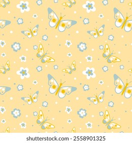 Vector pattern with decorative butterflies and flowers. Colorful flat design for fabric and textile. Fashion style. Eps 10