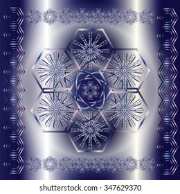 Vector pattern with decorative flower on shiny blue background  with ornamental frame