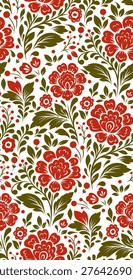 Vector pattern with decorative flowers. Tracery blossom texture. Slavic ornament with red flowers on white background for wallpaper, fabric, and wrapping paper.