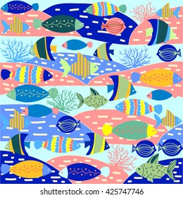  Vector pattern decorative marine life seamless background. Cartoon vector wallpaper with fish and marine life