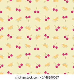vector pattern with decorative orange slices, cherries on a light yellow background in cartoon style, illustration of berries and fruits for design of packaging, textile, paper