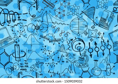 Vector pattern with decorative sketch elements related to science or education. Physics or chemistry abstract blue background with tools, symbols, formulas and diagrams. Hand drawn.