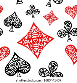 Vector pattern with decorative suits of playing cards on a white background