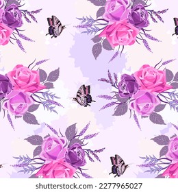 Vector pattern with delicate roses.Butterflies and bouquets of flowers on a colorful abstract background in a vector pattern.