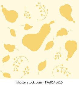 Vector pattern of delicate yellow pears, leaves and branches of berries