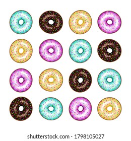 Vector pattern with delicious donuts. Multicolored donuts with glaze. Food pattern. Background for fabric, packaging, paper.