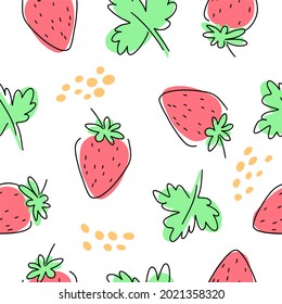 Vector pattern with delicious strawberries and leaves on a white background