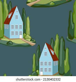 Vector pattern depicting cottages surrounded by tall pyramidal trees and bushes on an isolated background. Seamless background for fabric, wallpaper, wrapping paper, stationery.