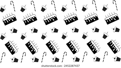 
Vector pattern depicting cupcakes, candies and cake (candy wrapper, etc.)