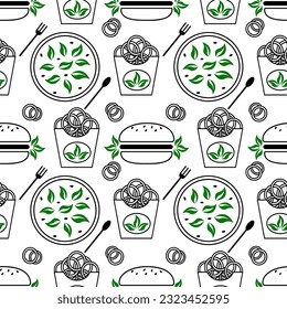 Vector pattern depicting fast food, hamburgers, onion rings, shrimp, lettuce. A set of fast food drawings on a white background. Ideal for menu design or food packaging.