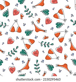 Vector pattern depicting summer aesthetics: swimsuit, plants, hearts.