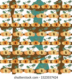 Vector pattern design with apricots and leaves motif and brown, green abstract forms on white background . Proposal to print on different types of materials. Great for decorative textile and garment.