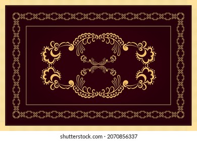 Vector pattern for design of carpet, scarf, tiles, tablecloths. Yellow abstract pattern in a square on a dark burgundy background.