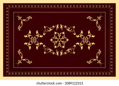 Vector pattern for design of carpet, scarf, tiles, tablecloths. Yellow abstract pattern in a square on a dark burgundy background.