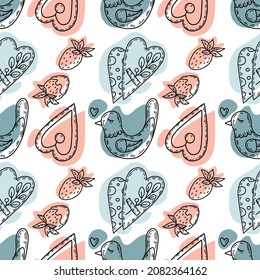 vector pattern for design and decoration of textiles, covers and packaging. spring motives. Enamored birds. Hearts for Valentine's Day.