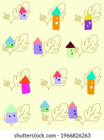 Vector pattern design home sweet home with leaf, yellow, pink, purple, Lilac, orange and green