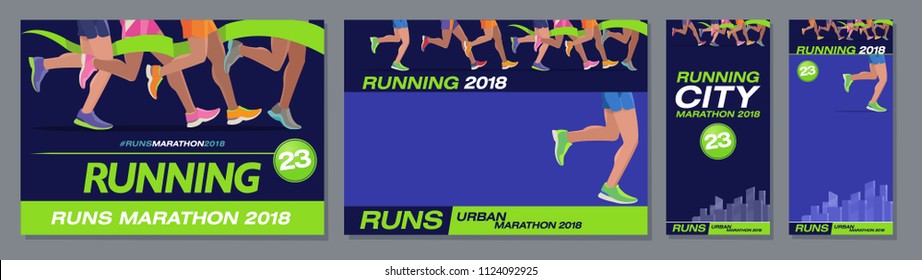 Vector pattern design jogging marathon advertising banner style navy blue foot runners city