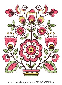 Vector pattern design in the styles of Ukrainian folk traditional embroidery tree of life. Hand draw flowers elements, foliage and birds