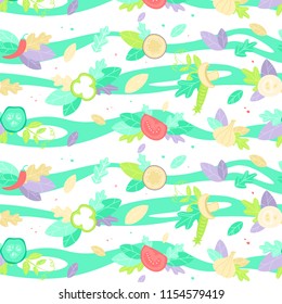 Vector pattern design with tomatoes, cucumber, peppers eggplants, green peas, green, beige and violet leaves on white backgound