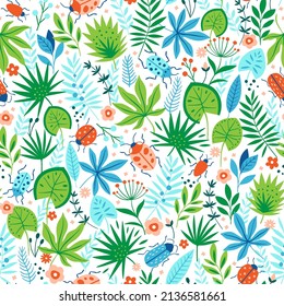 Vector pattern design with tropical leaves and bugs.