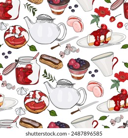 Vector pattern of desserts. Hot drink, donuts. cakes, cupcakes. Chocolate pattern: sweets, pastry, donut, cookies, hot chocolate mug and chocolate covered strawberries.