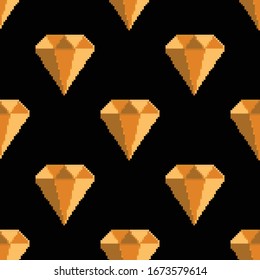 Vector pattern with diamonds. Pixel gemstones, gem jewels and diamonds, jewelry precious stones seamless pattern. Pixel art 8 bit. 