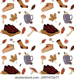 Vector pattern with different autumn elements in beautiful fall colors. Cozy mug, cup, pumpkin spice latte, leaves, book, candle, fig, socks, shoes, pumpkin cake, mushroom