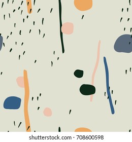 Vector pattern with different Brush Strokes, Lines and Dots. Abstract seamless texture with painted elements. Perfect for Package design, Stationery, Invitation.