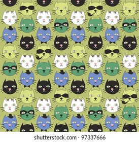 Vector pattern with different cat faces on green background 
