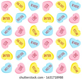 Vector pattern of different colored hand drawn doodle sketch valentine candy hearts with love text isolated on white background