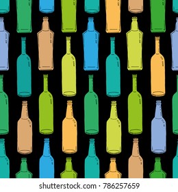 Vector pattern with different colorful glass bottles of alcohol on black background. Seamless pattern can be used for wallpaper, pattern fills, web page background, surface textures.