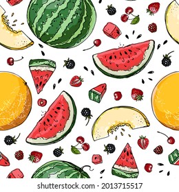 Vector pattern from different fruits. Colored sketch of food. Summer ornament, melon, watermelon, berries.
