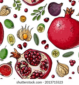 Vector pattern from different fruits. Colored sketch of food. Fig, pomegranate, feijoa, Physalis